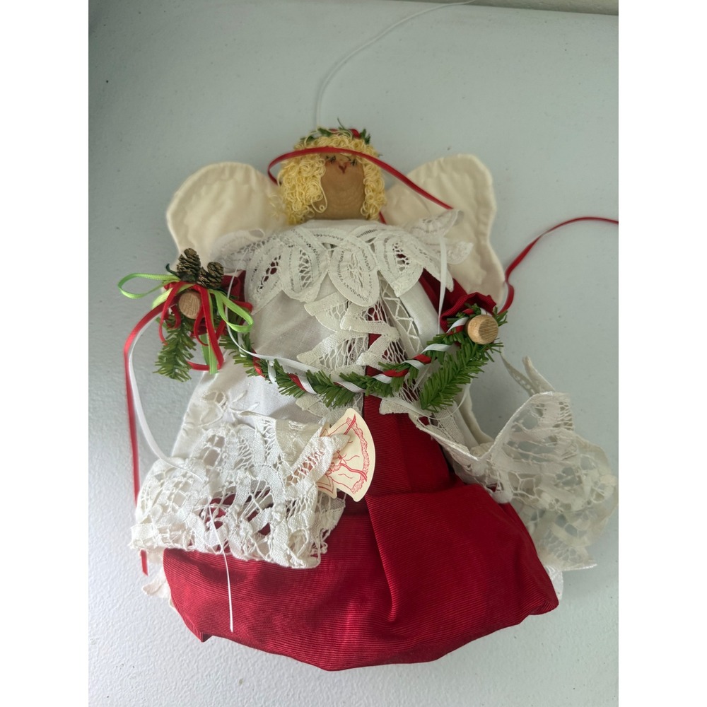 Vintage 1990 Handmade Angel Tree Topper Red Lace Folk Art Christmas Ornament